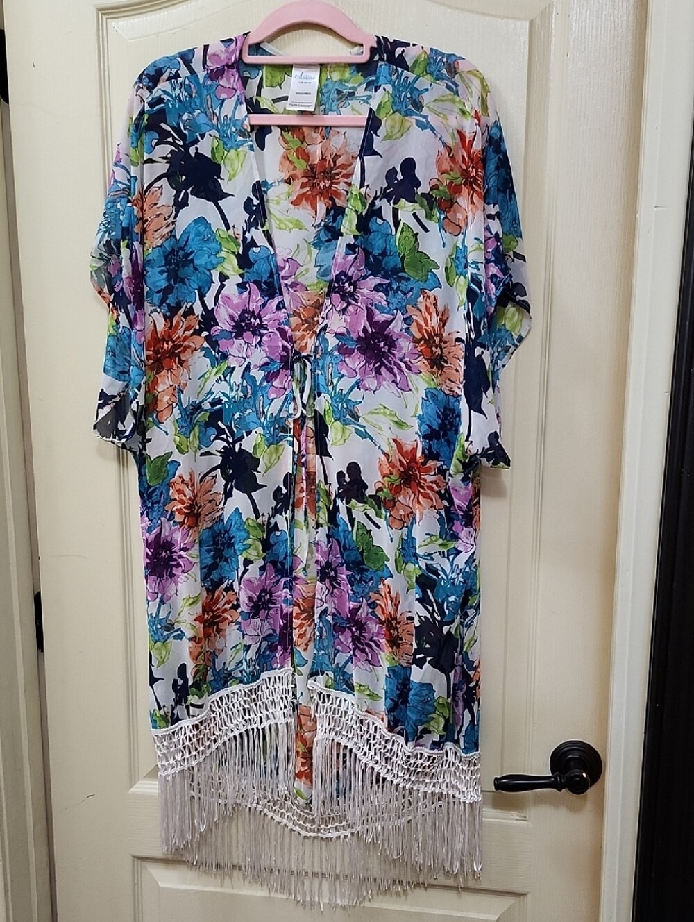 CATALINA COLORFUL FLORAL PRINT FRINGED SHEER KIMONO SWIM COVER-UP